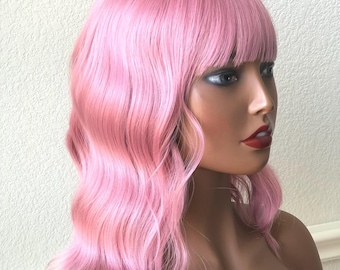 Dusty Rose Pink Wig Wavy Hair Bob Wig With Bangs Pink  display picture 3