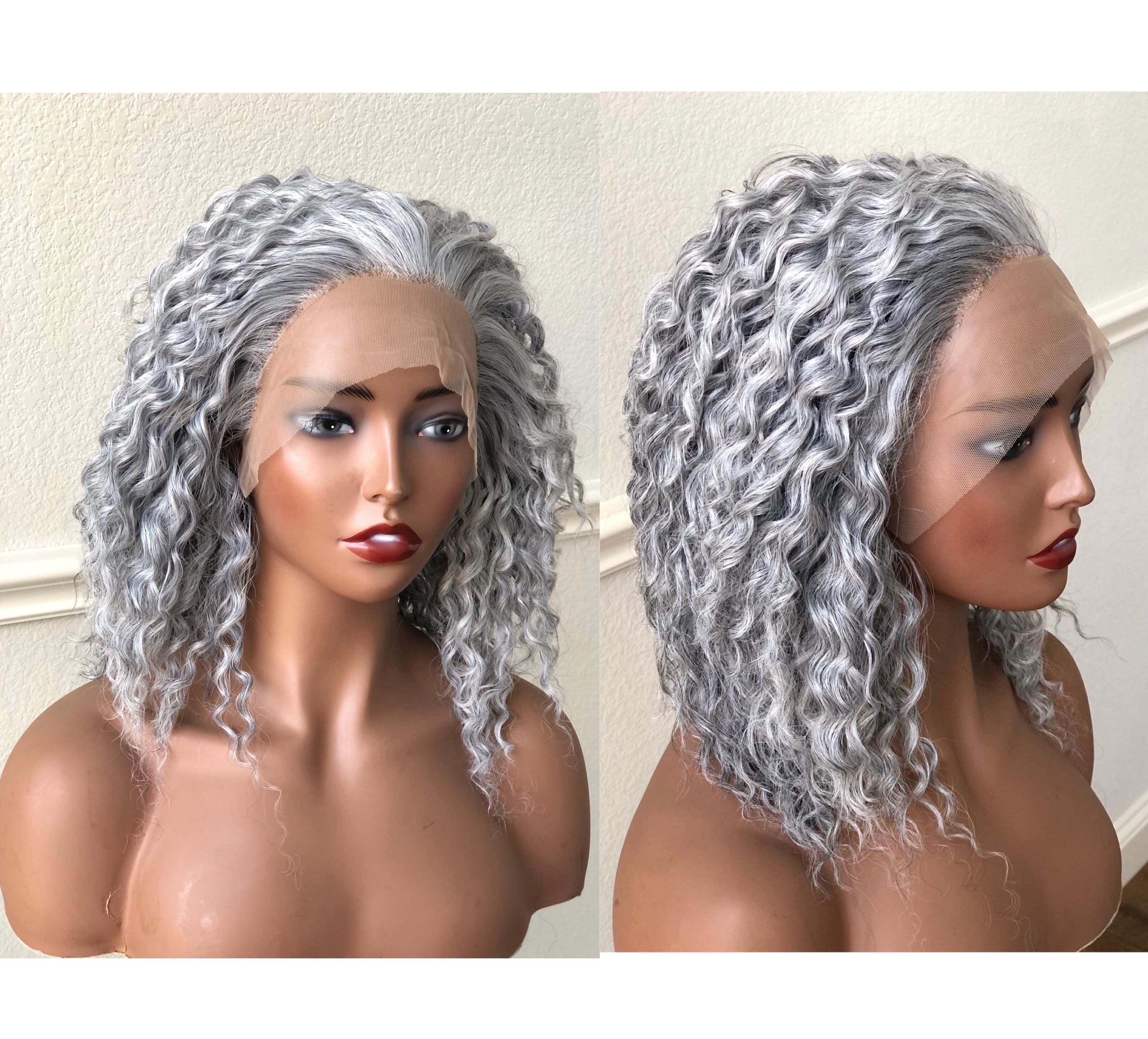 Salt and Pepper Grey Silver Curly Wet and Wavy Lace Frontal Wig Synthetic Human Hair Ready-to-Wear Glueless Gray Wig