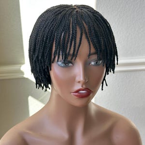 May include: A black braided wig with a short, bobbed style. The wig has a straight, blunt fringe and is made with small, tightly woven braids.