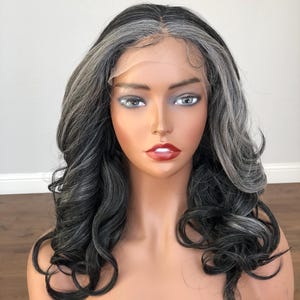 Glueless Salt & Pepper Grey Highlight Curly Wig Heat Resistant Synthetic, 13×4 Lace Front Adjustable Fit, Natural Volume Wig TBD