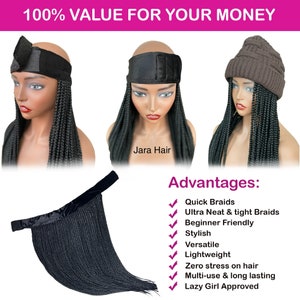 Puede incluir: Tres pelucas para mujeres con trenzas box negras. Las pelucas est&aacute;n dise&ntilde;adas con una diadema negra, una diadema negra con una tira de sat&eacute;n y una boina marr&oacute;n. El texto "Jara Hair" es visible debajo de la peluca del medio. El texto "Ventajas:" es visible debajo de las pelucas, seguido de una lista de beneficios: "Trenzas r&aacute;pidas", "Trenzas ultra prolijas y ajustadas", "Amigable para principiantes", "Elegante", "Vers&aacute;til", "Ligero", "Cero estr&eacute;s en el cabello", "Multiusos y de larga duraci&oacute;n", "Aprobado por Lazy Girl".