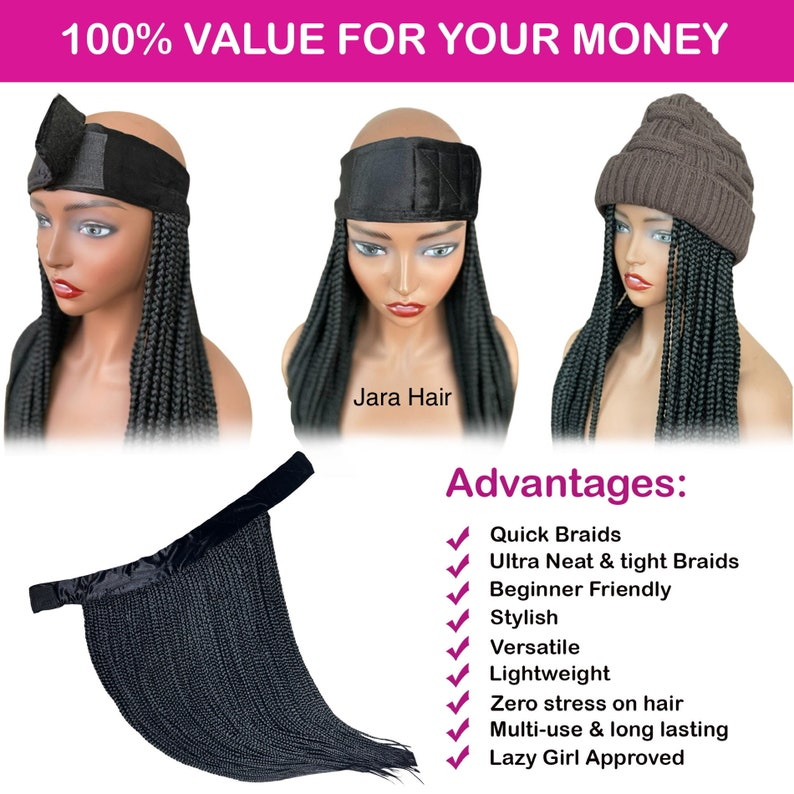 Puede incluir: Tres pelucas para mujeres con trenzas box negras. Las pelucas est&aacute;n dise&ntilde;adas con una diadema negra, una diadema negra con una tira de sat&eacute;n y una boina marr&oacute;n. El texto "Jara Hair" es visible debajo de la peluca del medio. El texto "Ventajas:" es visible debajo de las pelucas, seguido de una lista de beneficios: "Trenzas r&aacute;pidas", "Trenzas ultra prolijas y ajustadas", "Amigable para principiantes", "Elegante", "Vers&aacute;til", "Ligero", "Cero estr&eacute;s en el cabello", "Multiusos y de larga duraci&oacute;n", "Aprobado por Lazy Girl".