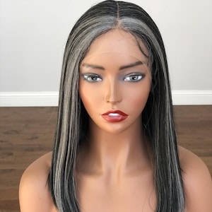 Mixed Black Grey Bone Straight Salt and Pepper Wig | Glueless Lace Closure Heat Resistant Synthetic Wig | Adjustable Cap