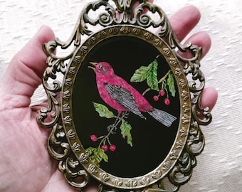 Vintage Reverse Painting on Glass Red Pink Bird Ornate Frame Signed by Artist