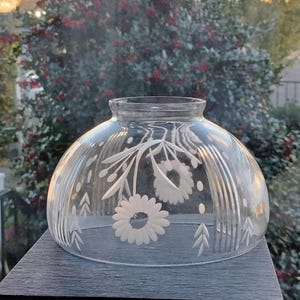 May include: Clear glass lampshade with etched floral and leaf designs. The dome-shaped shade features a wide opening and is decorated with delicate white floral patterns. The background shows a blurred view of a tree with red berries.