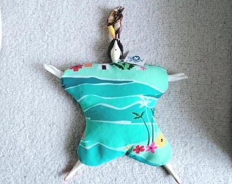 Whimsical Poupee Millet Lady Doll with Hawaiian dress, monkey and banana on head