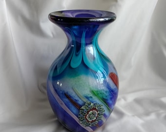 Blue Art Glass Vase: Millefiori Ribbon Design, 8.5"