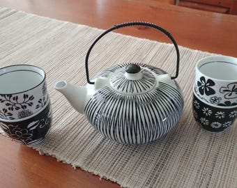 Pier 1 Akina Tea Set: Black and White Striped Floral Teapot with 4 Cups