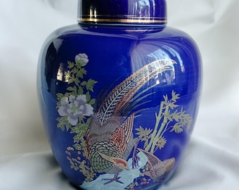 Vintage cobalt blue ginger jar urn vase with lid and pheasant bird 5.75"x4.5"