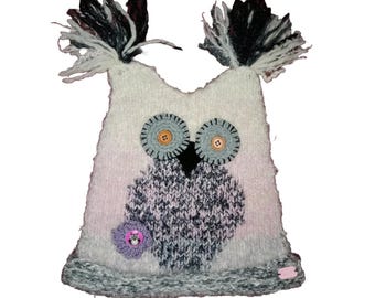 Handmade knitted owl hat with crochet flowers and pom-poms for adults