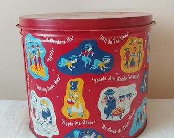 Vintage Pennsylvania Dutch pretzel tin w/ Amish sayings graphics d 12.25" h10.5"