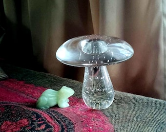 Clear glass mushroom paperweight with controlled bubbles