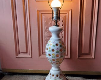 Vintage Bohemian lamp enameled hand painted cut-to-amber overlay glass floral
