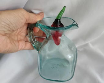 Small glass pitcher oil dispenser with glass pepper stopper hand blown