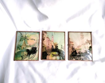 Vintage Reverse painted silhouette pictures on convex bubble glass in metal frame set of 3