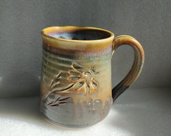 Studio pottery Mug with Carved In Flower Handmade Glazed Earth Colors Signed 2017