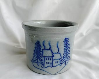 David Eldreth stoneware crock planter utensil holder with pine tree salt glaze