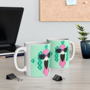 Pink flamingo coffee mug--flamingo mug featuring The Coolest Flamingo to Ever Wear Shades on an 11 oz. ceramic coffee mug.