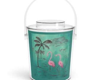 Balde de gelo Pink Flamingo Tropical Mist com pinça | Utensílios de bar tropicais vintage