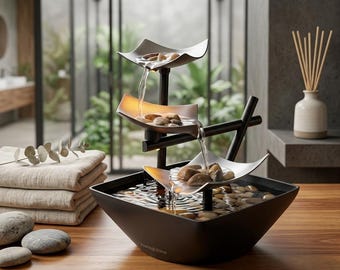 Tabletop Zen Waterfall Fountain, Natural River Rocks, Soothing Desktop Decor