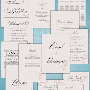 Puede incluir: Conjunto de invitaciones de boda con un fondo azul claro. La invitación presenta un diseño floral con flores rosas y hojas verdes. El texto de la invitación dice "Krish & Ananya" y "31 de diciembre de 2023".