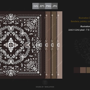 Könnte beinhalten: Ein schwarzes Bandana mit einem weißen Paisley-Muster mit Kaffeebohnen und Blumen. Das Bandana ist 7,5 Zoll mal 7,5 Zoll groß und hat eine Auflösung von 300 DPI.