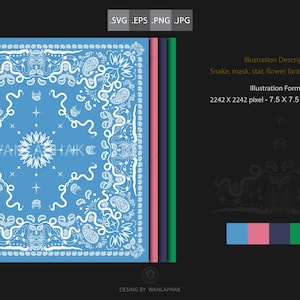 May include: A blue bandana with a white paisley pattern featuring snakes, stars, and flowers. The bandana has the text "ID WAN" in the center.