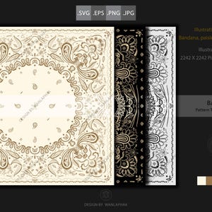 May include: Digital illustration of bandana pattern templates. The design features paisley and floral elements in vanilla, black, and white. The image includes the text "Bandana Pattern Template Vectors".