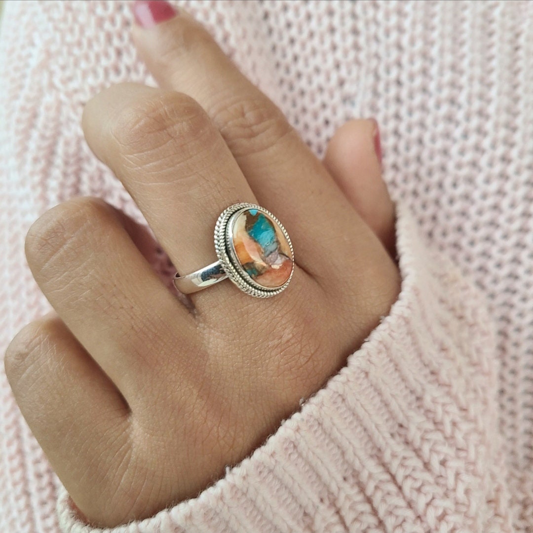 Spiny Oyster Turquoise Ring, Oyster Copper Turquoise Ring, Spiny Turquoise Ring, Orange