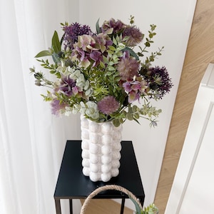 Beautiful summer bouquet with hydrangeas in purple and green made from artificial flowers - Flower Bouquet Eucalyptus, Allium, Thistles from Lieblingskrams