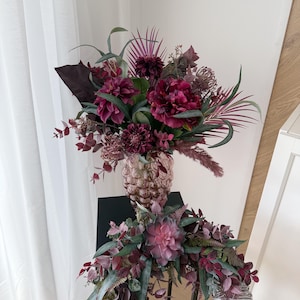 Beautiful summer bouquet with peonies, dahlias, protea made of artificial flowers - Flower Bouquet Eucalyptus burgundy by Lieblingskrams