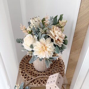 Elegant summer flower arrangement in a pot in beige, cream, green - bouquet of eucalyptus, dahlia, peony, protea - artificial flowers from Lieblingskrams