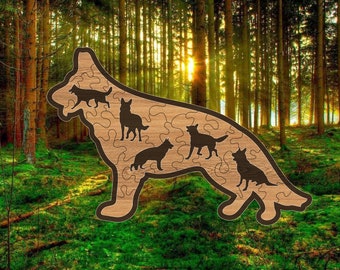 May include: A wooden jigsaw puzzle shaped like a German Shepherd dog. The puzzle features five smaller silhouettes of German Shepherds within the larger silhouette.