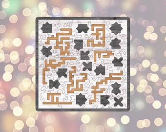 May include: A wooden jigsaw puzzle with a white background and a black and brown geometric design. The puzzle pieces are arranged in a complex pattern, creating a challenging and engaging puzzle experience.