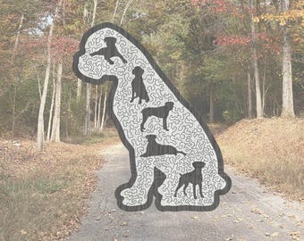 May include: A wooden jigsaw puzzle shaped like a dog with a maze-like pattern. The puzzle features a silhouette of a dog with five smaller dog silhouettes inside the maze.