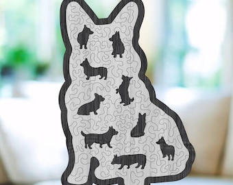May include: A wooden jigsaw puzzle shaped like a dog with a white background and black silhouettes of dogs inside the puzzle pieces.