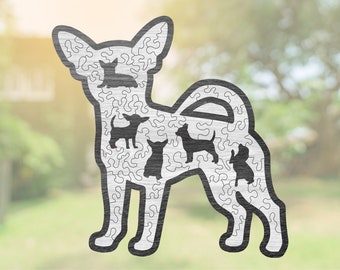 May include: A wooden jigsaw puzzle of a Chihuahua dog. The puzzle is made up of many small pieces and features a silhouette of a Chihuahua dog inside the larger silhouette.