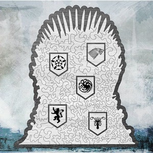 Könnte beinhalten: Eine Schwarzweißillustration des Eisernen Throns aus der Fernsehserie Game of Thrones. Der Thron besteht aus Schwertern und trägt fünf Signets: einen Wolf, einen Drachen, einen Löwen, einen Kraken und einen sechsstrahligen Stern.