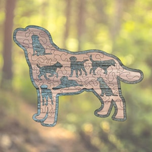 May include: A wooden cutout of a dog with a woodgrain pattern. The dog's silhouette is filled with smaller dog silhouettes, creating a layered effect.