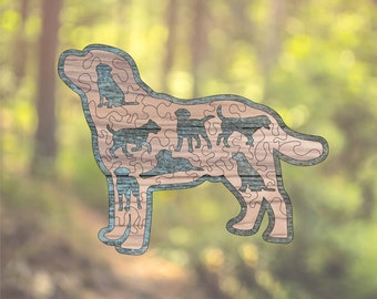 May include: A wooden cutout of a dog with a woodgrain pattern. The dog's silhouette is filled with smaller dog silhouettes, creating a layered effect.