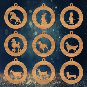 May include: Nine wooden ornaments featuring various animal silhouettes, including a horse, rabbit, cockatoo, poodle, pit bull, golden retriever, goat, dachshund, and a terrier. The ornaments are all round and have a rustic brown finish.