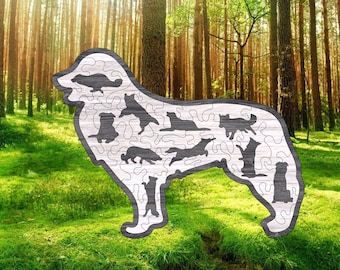 May include: A wooden jigsaw puzzle shaped like a dog with a forest background. The puzzle is made up of smaller pieces that fit together to form the shape of the dog. The dog is outlined in black and the background is a blurry image of a forest.