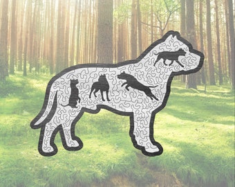 May include: A black and white silhouette of a dog with other dogs hidden inside the outline. The image is set against a blurred background of a forest.