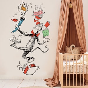 Removable peel and stick Dr Seuss wall decals nursery cat in the hat juggling on the ball wall mural bedroom decor animal wall sticker