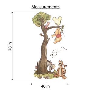 May include: A wall decal featuring Winnie the Pooh, Piglet, Eeyore, and Tigger around a tree. Pooh holds a Mickey-shaped balloon. The graphic includes the text Measurements, with a height of 198.12 cm and a width of 101.6 cm indicated.