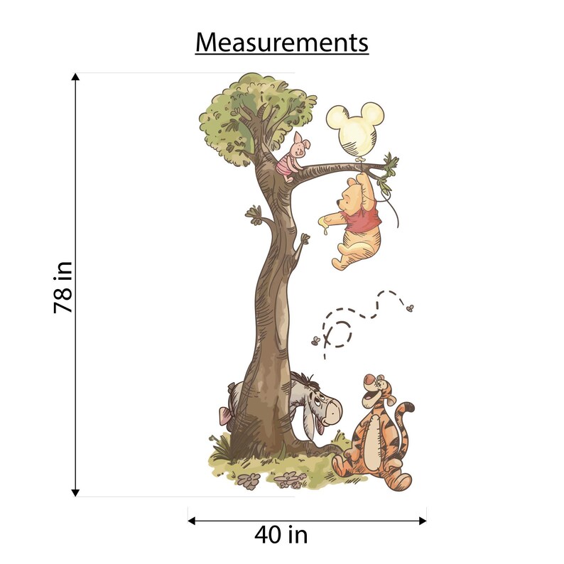 May include: A wall decal featuring Winnie the Pooh, Piglet, Eeyore, and Tigger around a tree. Pooh holds a Mickey-shaped balloon. The graphic includes the text Measurements, with a height of 198.12 cm and a width of 101.6 cm indicated.