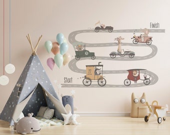 Animals race vintage cars kids wall sticker, nursery wall decal, wallpaper for baby