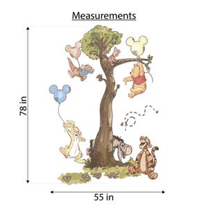 May include: A wall decal set featuring Winnie the Pooh characters around a tree, including Piglet, Eeyore, Tigger, Rabbit, and Roo with Mickey-shaped balloons. The text 'Measurements' is at the top, with dimensions of 198 cm by 140 cm indicated.