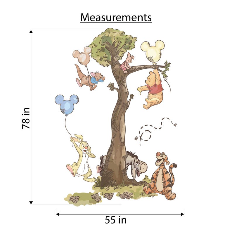 May include: A wall decal set featuring Winnie the Pooh characters around a tree, including Piglet, Eeyore, Tigger, Rabbit, and Roo with Mickey-shaped balloons. The text 'Measurements' is at the top, with dimensions of 198 cm by 140 cm indicated.