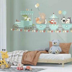 Animals on train wall decal, nursery mural, stickers for baby, wallpaper for kids